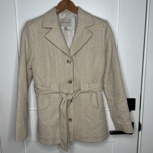 Banana‎ Republic Women's Beige Herringbone Belted Linen Blend Blazer Jacket Sz 0